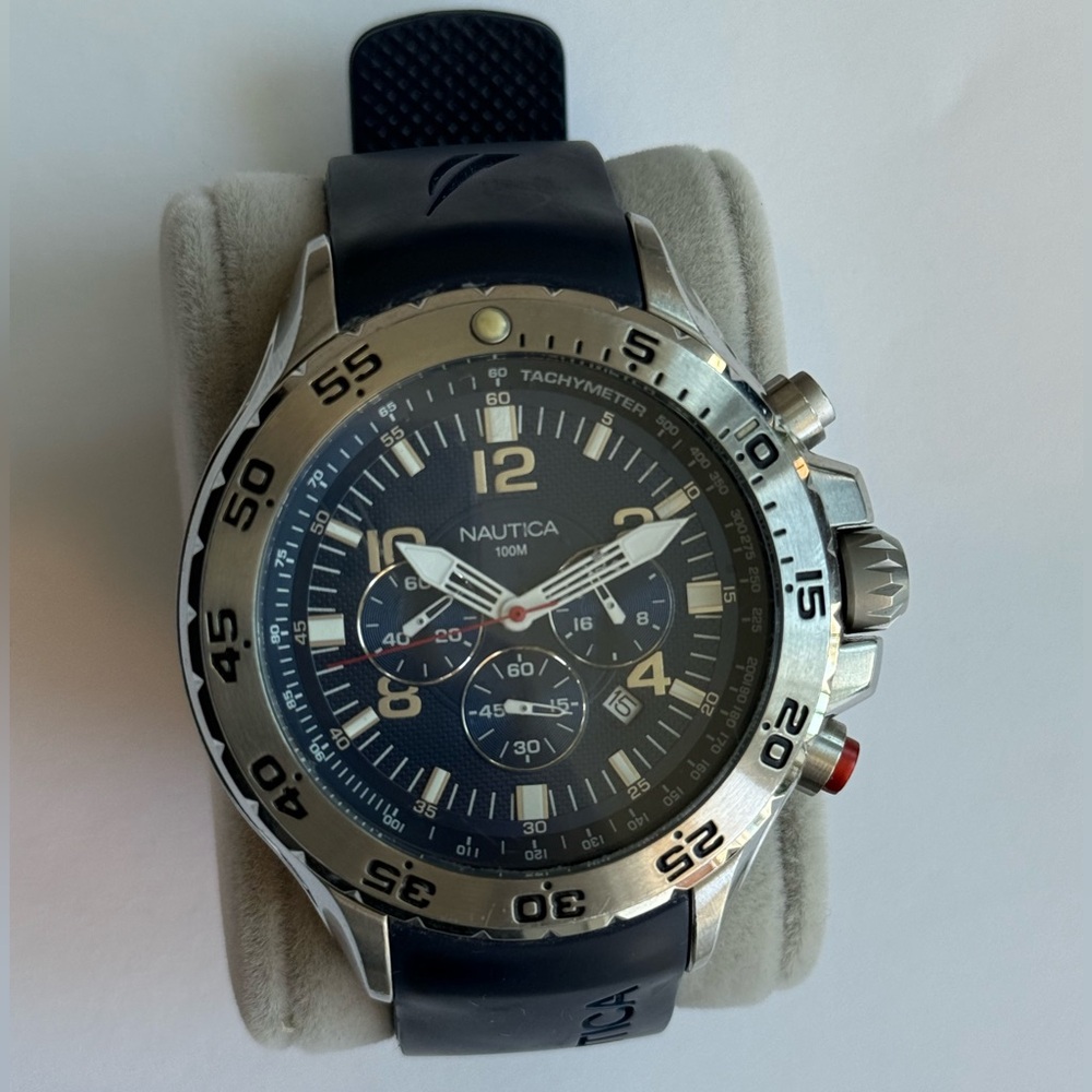 Nautica Blue and Silver Tachymeter Watch